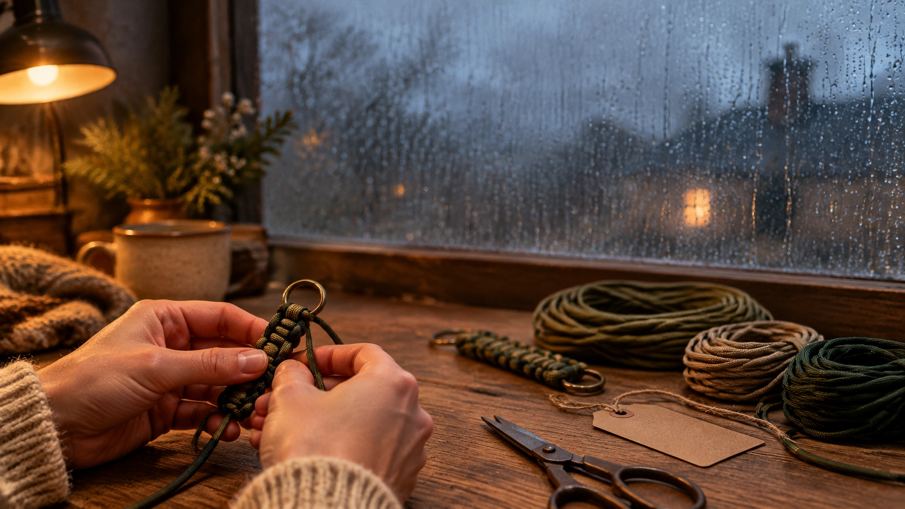 Paracord keyring being handmade at a craft table on a cold, rainy evening
