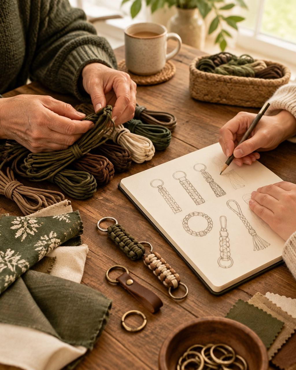 Two pairs of hands planning handmade craft ideas at a table
