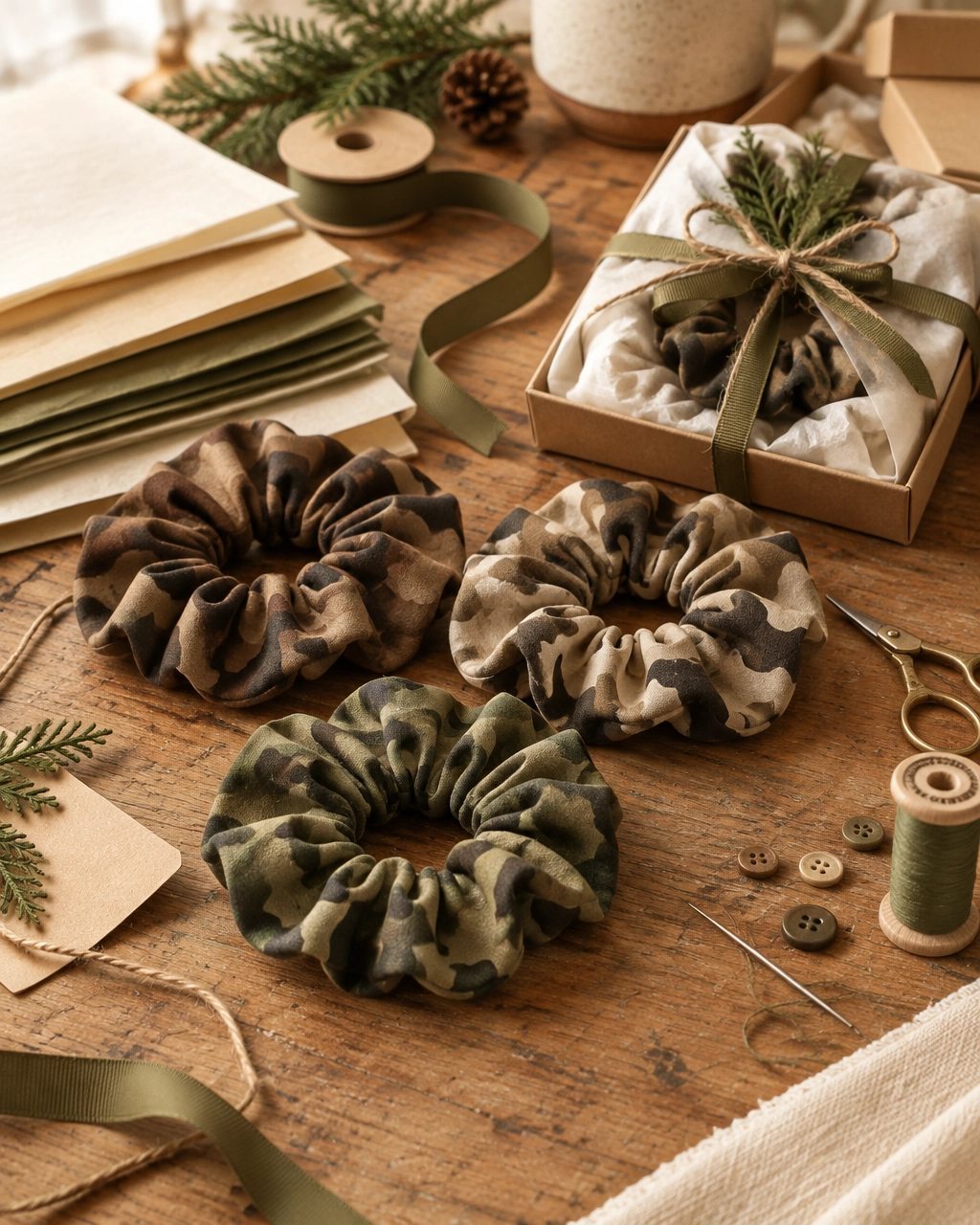 Camouflage scrunchies and craft materials on a home worktable